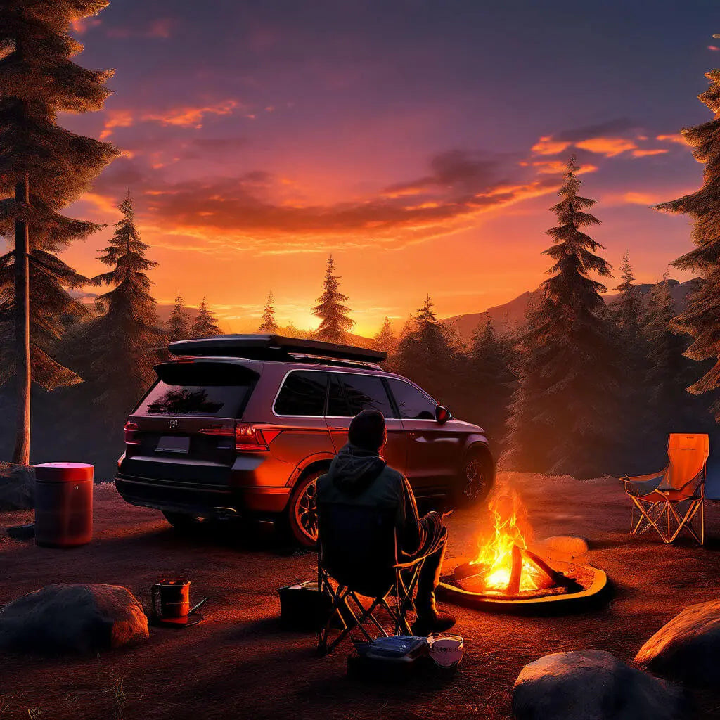 Summer camping scene with a rooftop tent-equipped SUV and campfire at sunset in the forest.