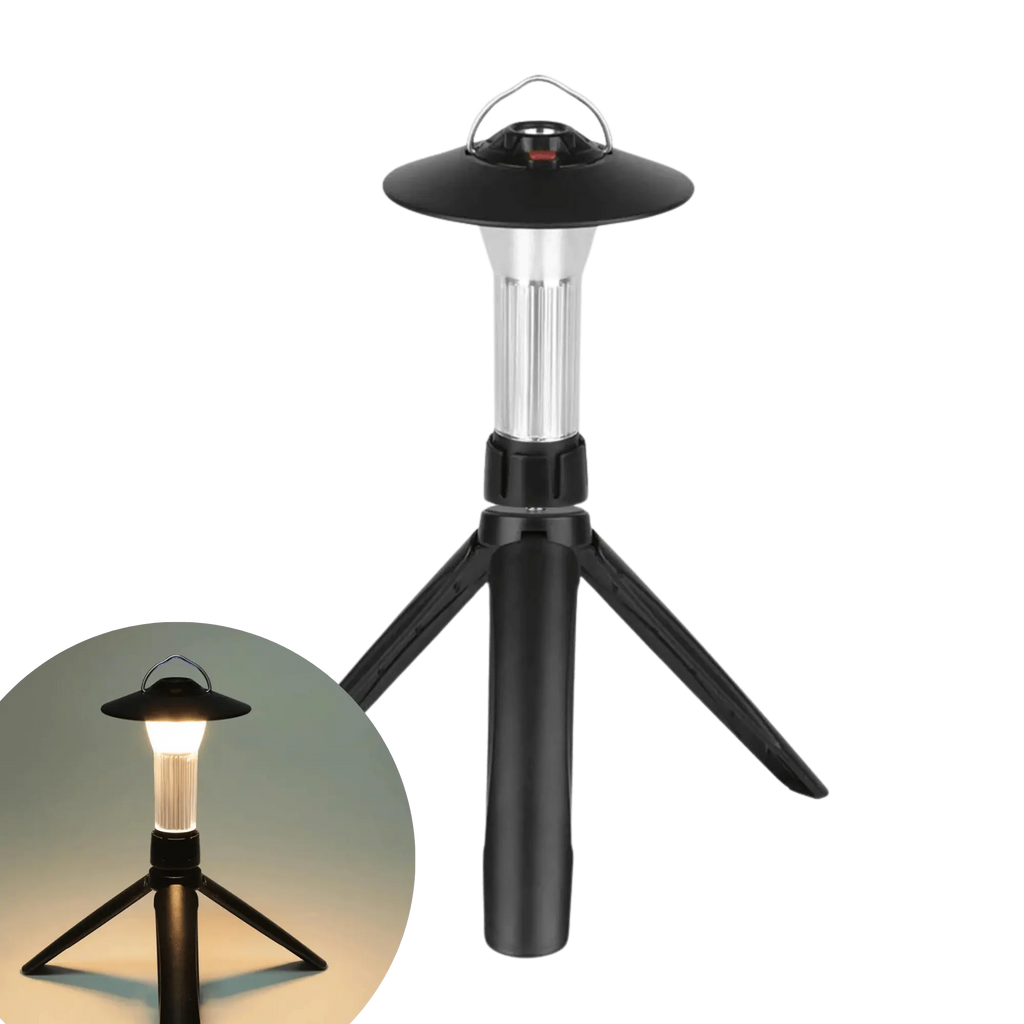 Lanternes de camping rechargeables multifonctionnelles avec chargement solaire USB et trépied, idéales pour les aventures en plein air.