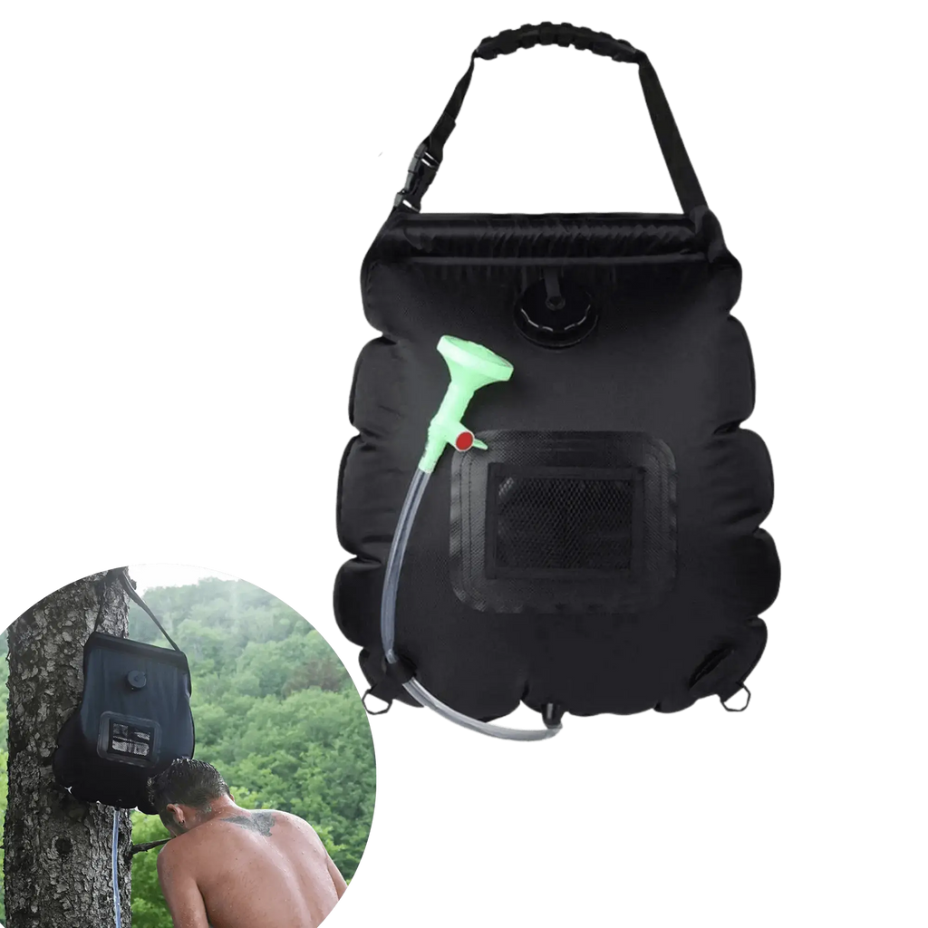 Sac de douche solaire portable de 20L pour activités de plein air, montrant un sac d'eau et une personne l'utilisant dans un cadre naturel.