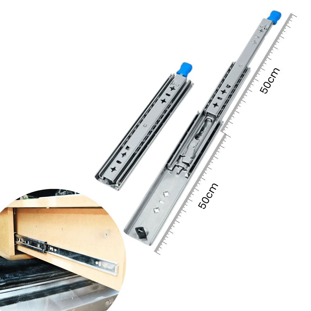 Glissières de tiroir à roulement à billes robustes, longueur de 100 cm, capacité de 70 kg, extension complète à trois sections pour une utilisation optimale de l'espace mobilier.