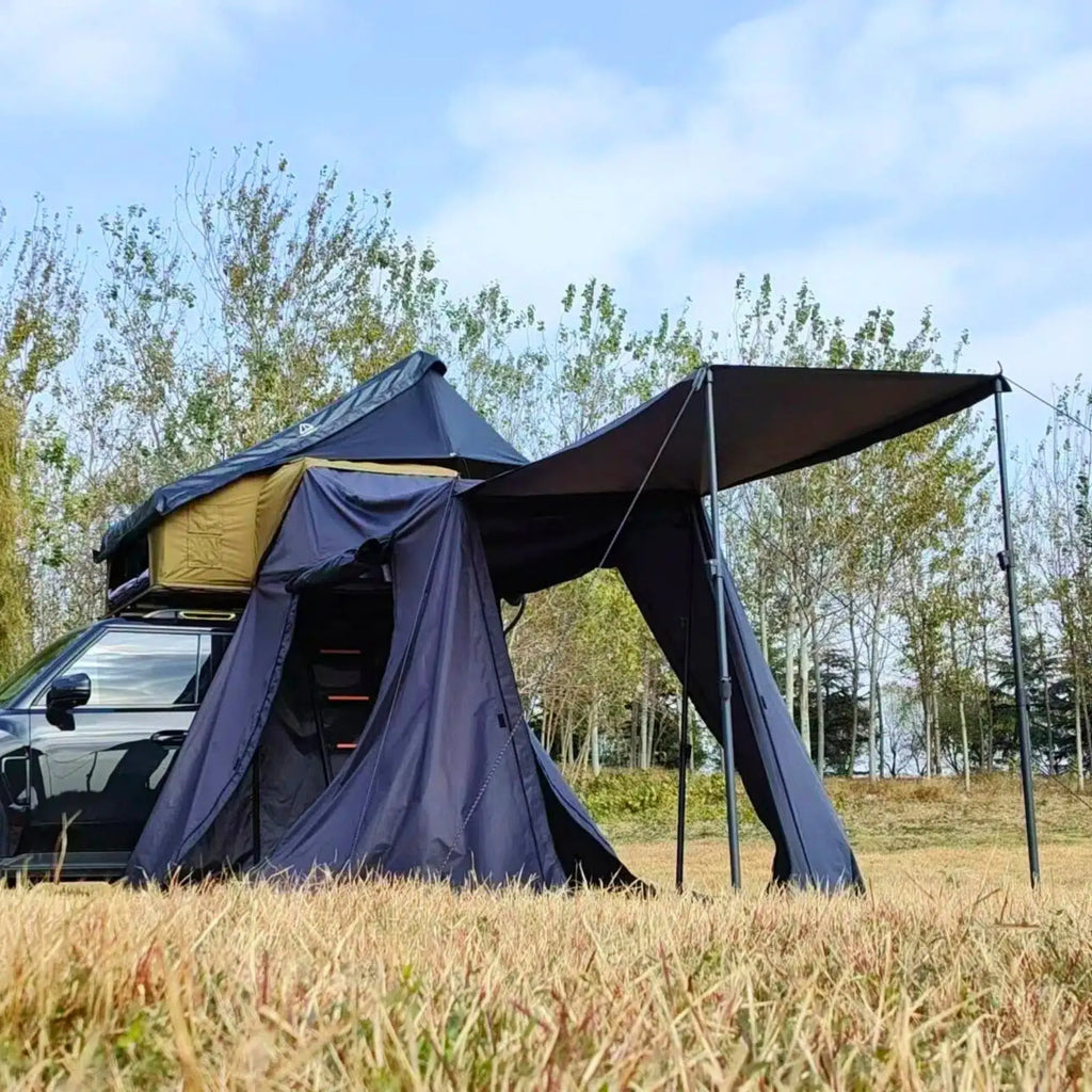 annexe tente de toit Lite Traveller, annexe tente de toit, auvent tente de toit, annexe camping étanche, salon de camping extérieur, accessoire tente de toit, annexe vanlife, annexe tente de toit légère, auvent Lexagones