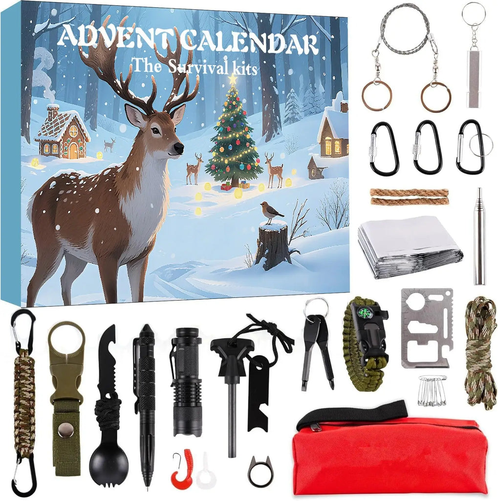 Calendrier de l’Avent Kit de Survie 24 en 1 – Cadeau de Noël Original pour Camping, Randonné cerf noel 
