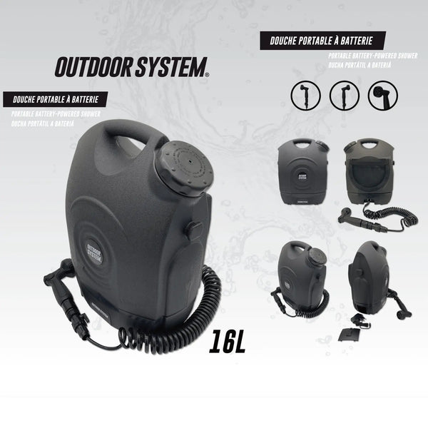 Douche Portable Électrique 16L – Outdoor System | Batterie Lithium 12V, Haute Pression & 10 Jets Woody’s Camp
