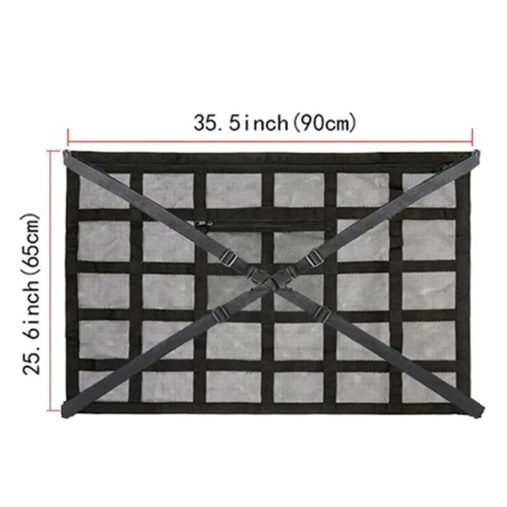 Dimensions du sac de rangement de toit de voiture en matériau en maille avec sangles, mesurant 90 cm par 65 cm (35,5 pouces par 25,6 pouces).