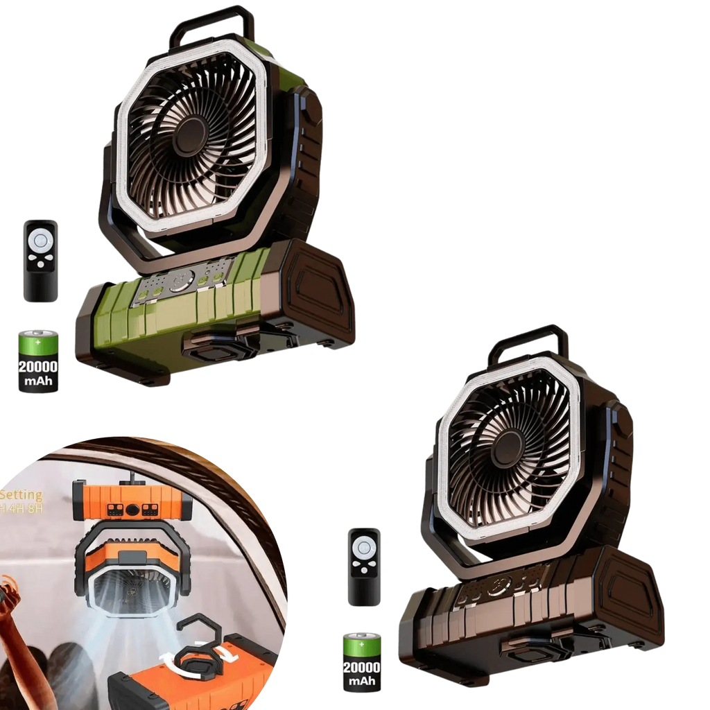 Ventilateur de camping multifonction 3 en 1 avec lumière LED et batterie de 20000mAh, idéal pour les activités en plein air, la randonnée et le camping.
