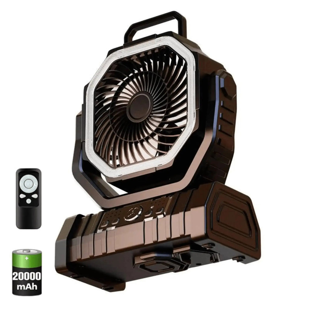 Ventilateur de camping 3 en 1 avec lumière LED et batterie de 20000mAh, idéal pour les randonnées et les aventures en plein air.