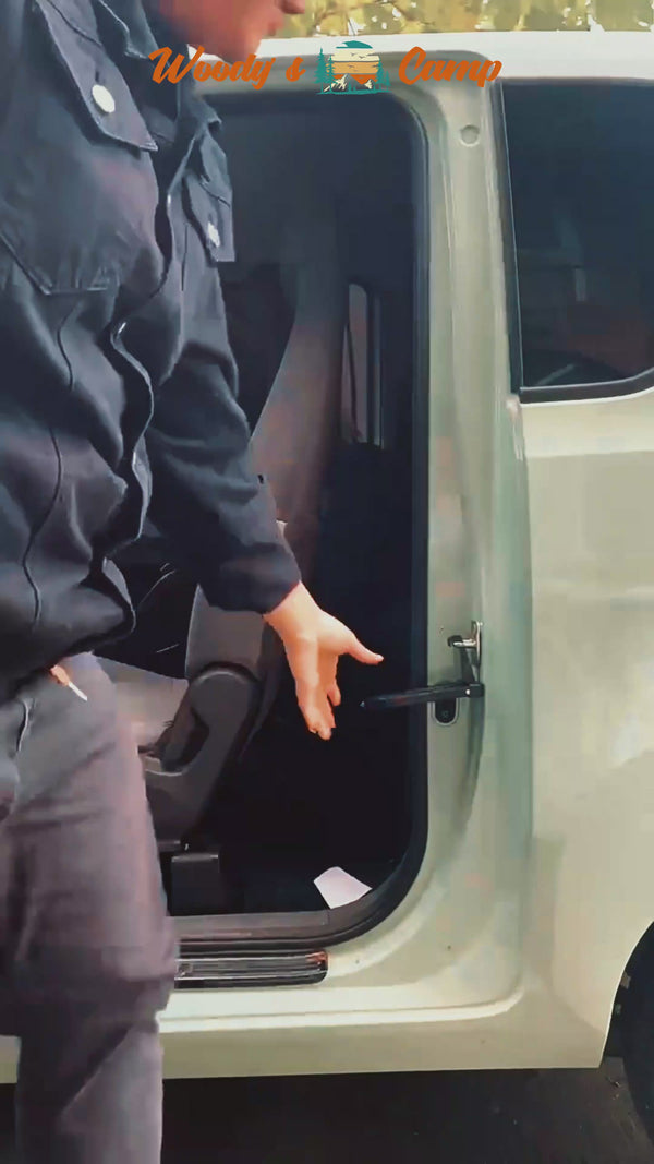 Person demonstrating how to safely use a side step for easy access to a vehicle's roof tent.
