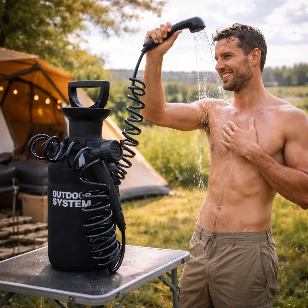 Douche Portable Manuelle 8 L – Outdoor System | Haute Pression & Couverture Néoprène Isolante Woody’s Camp