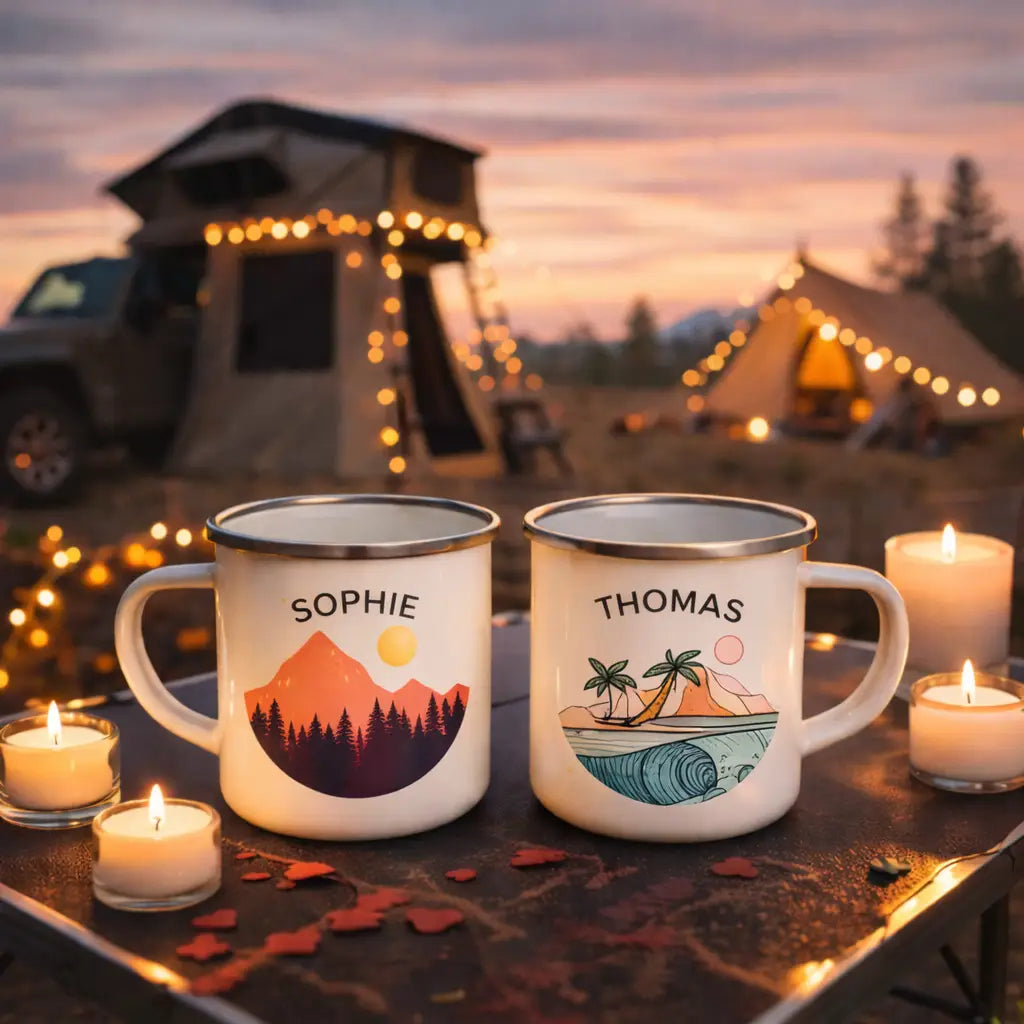 Mug Émaillé Camping Personnalisé – Cadeau Saint-Valentin Aventurier woodyscamp