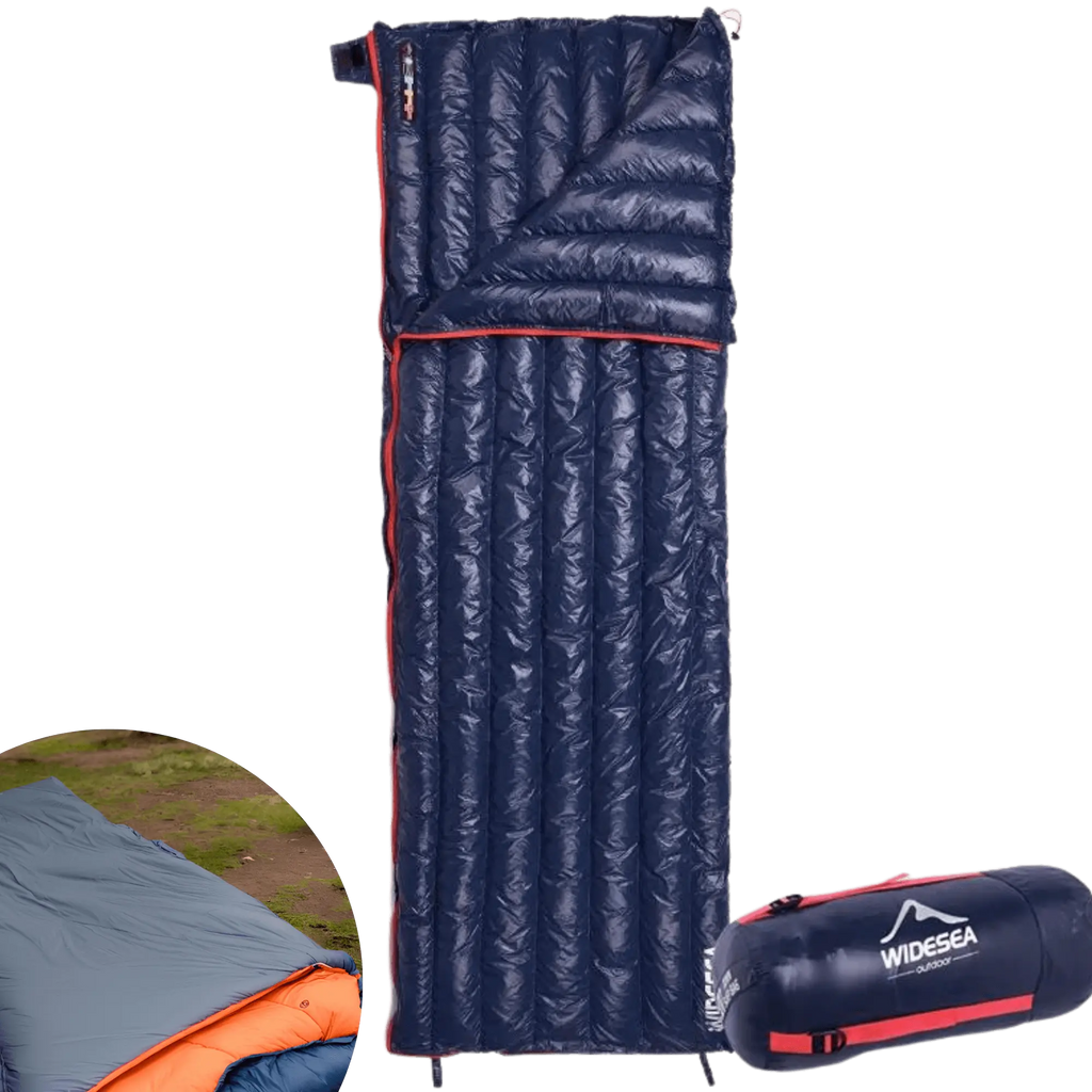 Sac de couchage en plume d'oie pour camping, léger et compact, avec sac de transport inclus.