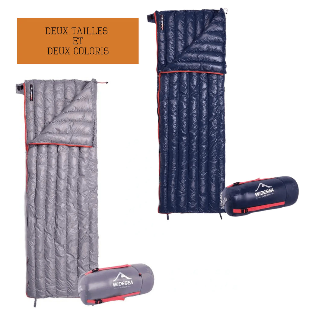 Sac de couchage en plumage d'oie pour le camping, disponible en deux tailles et couleurs, idéal pour le confort et la chaleur lors des randonnées.