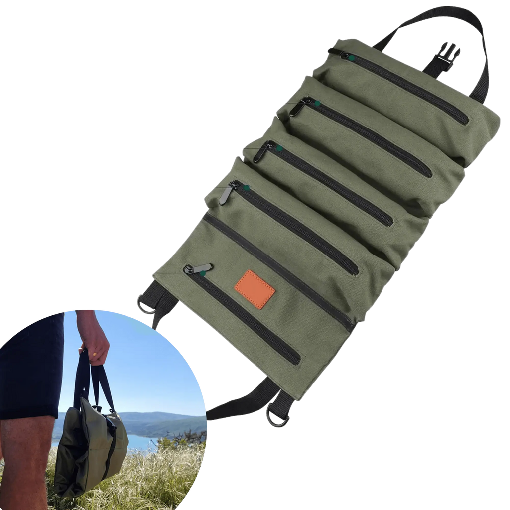 Sac de rangement pliable avec compartiments modulables, idéal pour le camping et les voyages, vu en plein air en utilisation.