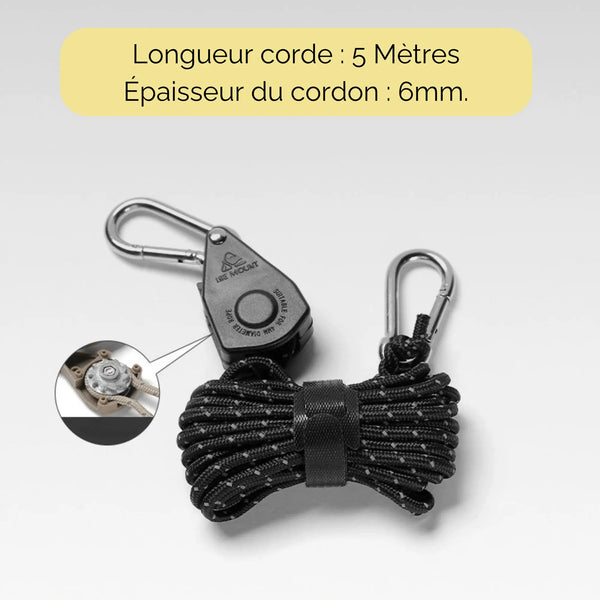 Serre-corde anti-vent avec poulie, 5 mètres de corde, 6 mm, parfait pour le camping et les activités de plein air, assurant une stabilisation sûre des équipements.