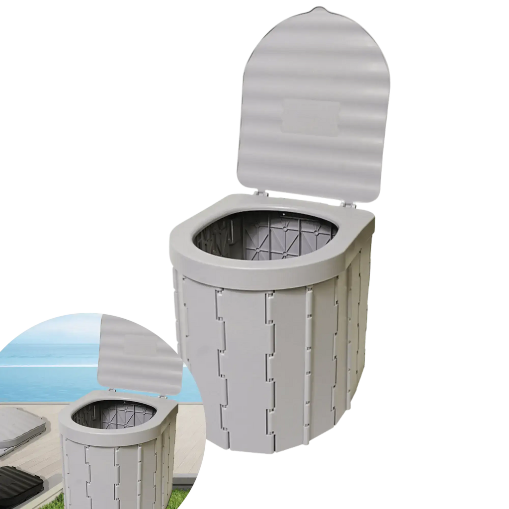 Toilette de camping pliable pour les aventures en plein air, avec un design compact et rétractable, accompagnée d'un sac de transport pratique pour un transport facile.