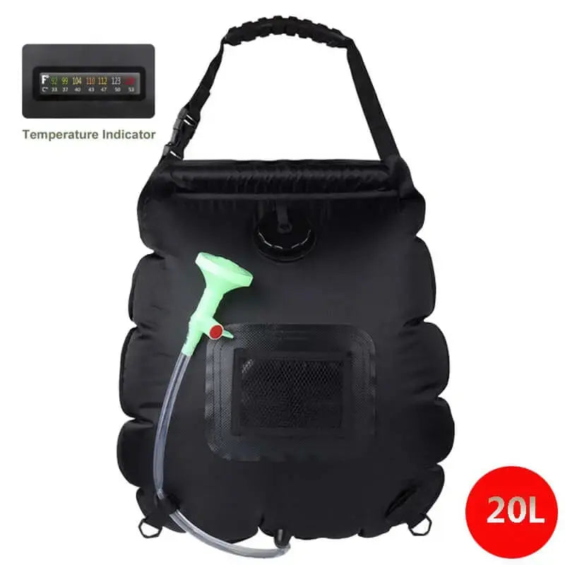 Douche solaire de 20L noire pour le camping sauvage avec indicateur de température, idéale pour les aventures en plein air.
