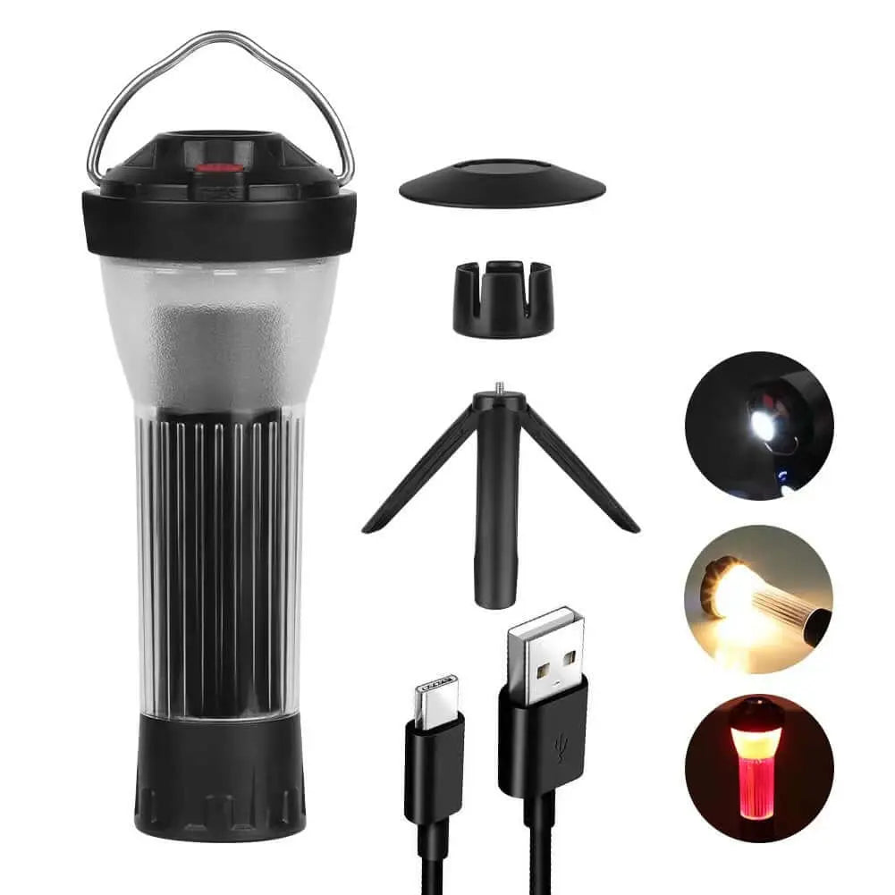 Lanterne de camping rechargeable multifonctionnelle avec trépied et chargement solaire USB, idéale pour les aventures en plein air et les explorations nocturnes.