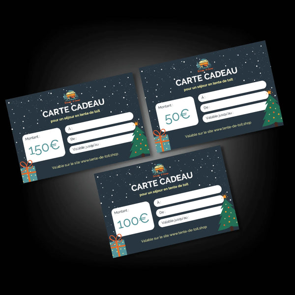 Trois cartes CADEAU pour la location de tentes de toit, d'une valeur de 150€, 100€ et 50€, avec un design festif pour les fêtes de fin d'année.
